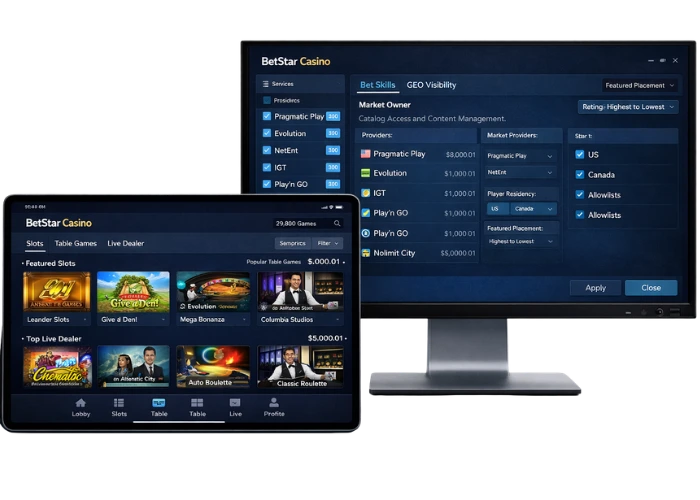 Tablet and desktop screens showing a casino content catalog interface with lobby categories, featured games, provider access, and GEO visibility controls.