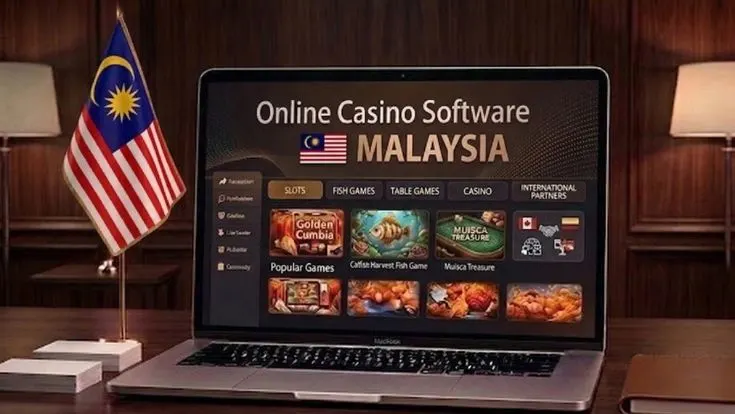 Laptop displaying online casino software for Malaysia with game categories and Malaysia flag.