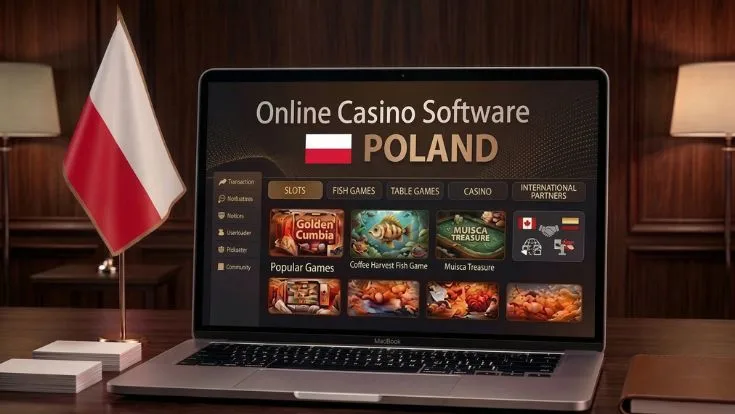 Laptop displaying online casino software for poland with game categories and poland flag.