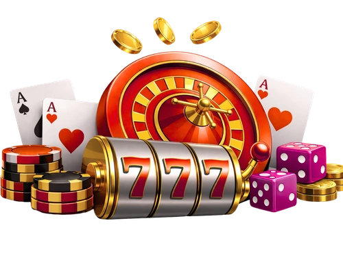 Purple and gold casino illustration with roulette wheel, 777 slot reel, poker chips, blue dice, and playing cards for a casino CTA banner.
