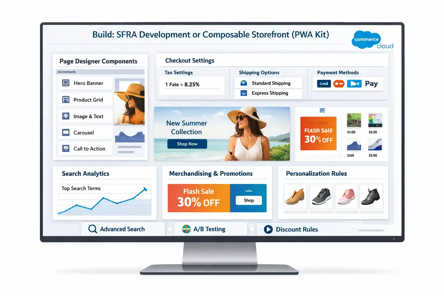 Build : SFRA Development or Composable Storefront (PWA Kit) dashboard on monitor with white background.
.