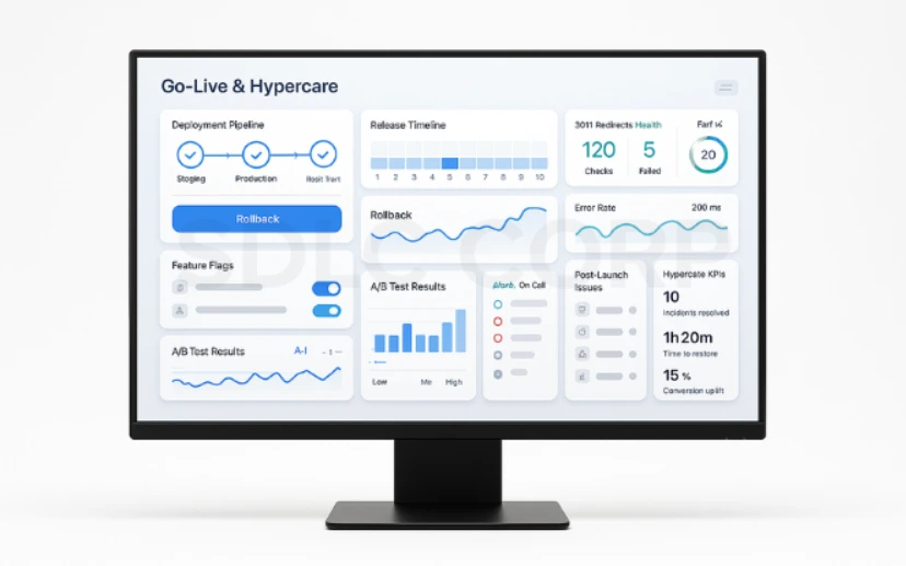 Go-live & hypercare deployment dashboard on monitor with white Background.
