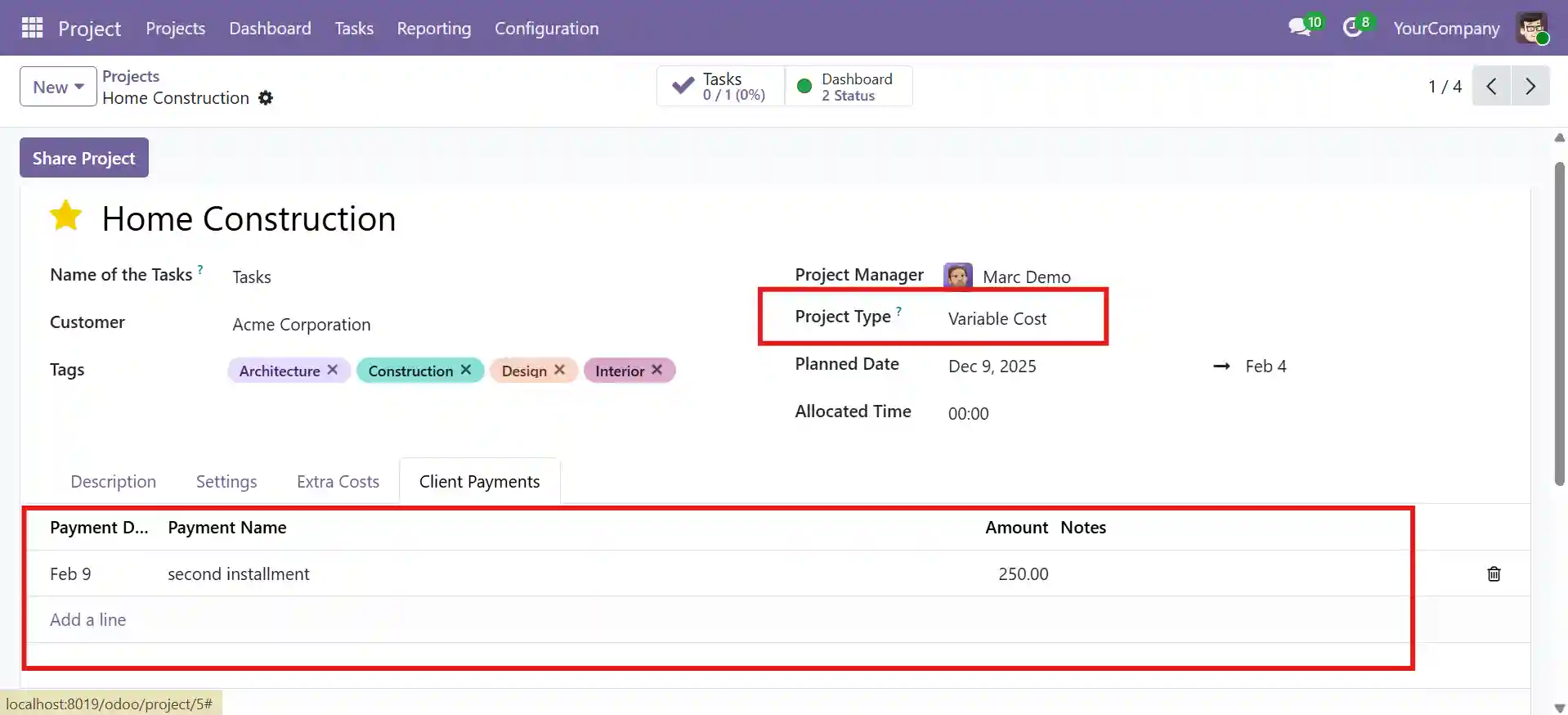 Project cost management screen showing project type.