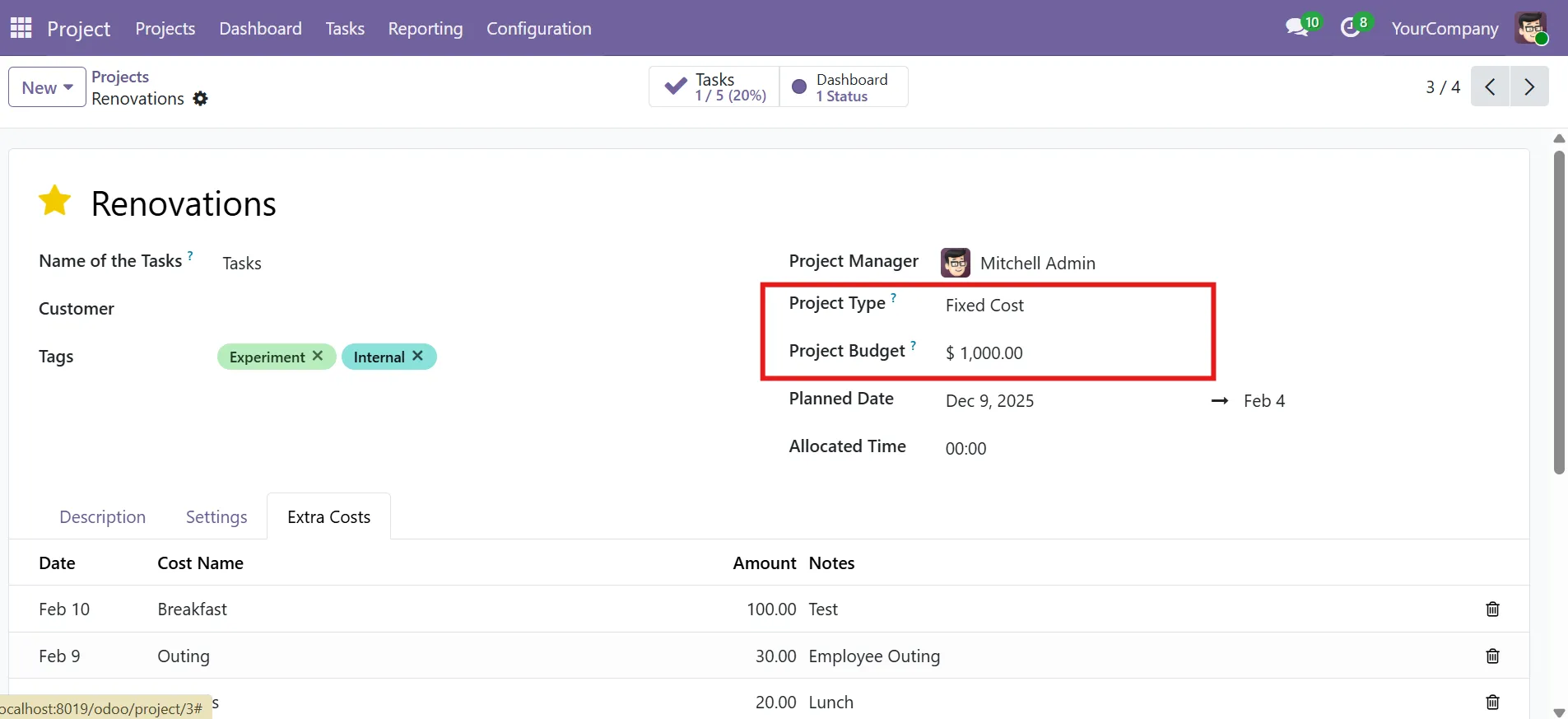 Project cost management screen showing project budget setup for cost tracking