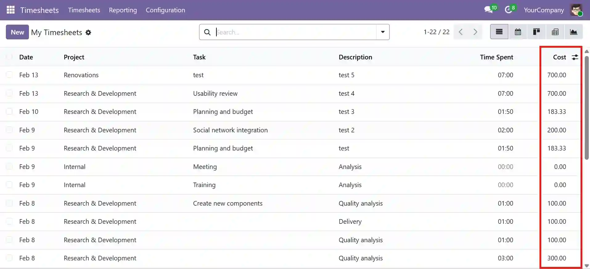 Project cost management timesheet screen showing labor cost based on logged hours