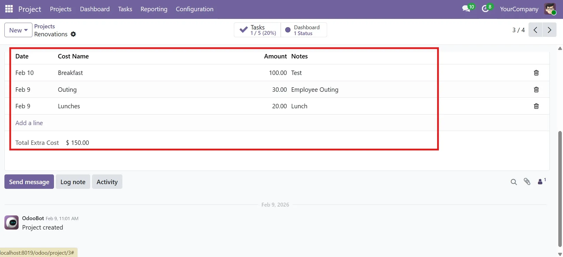 Project cost management screen showing extra expenses and client payments by project