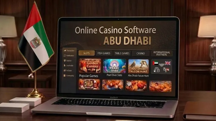 Laptop displaying online casino software for Abu Dhabi with game categories and Abu Dhabi flag.