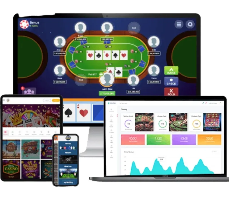  Photorealistic front-facing smartphone, tablet, and desktop monitor displaying slot gameplay, live table interface, and admin dashboard UI with a soft reddish-violet accent background.