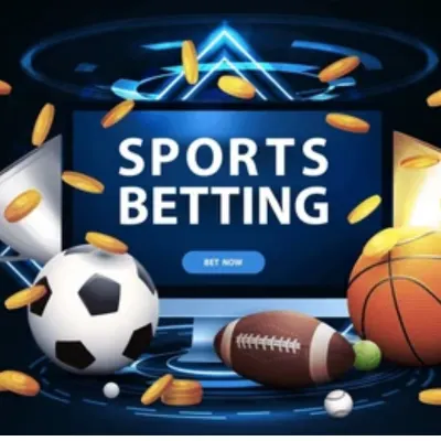  Sports betting graphic with a monitor, floating coins, and football, basketball, and rugby balls.
