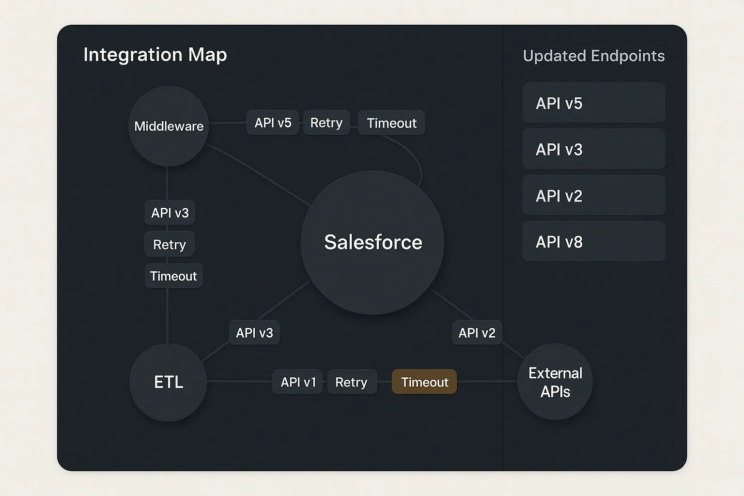 Integration map showing Salesforce, middleware, ETL, and API version alignment