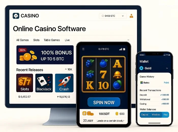 “Desktop and mobile screens showing online casino software with slots, crash game, and crypto wallet
