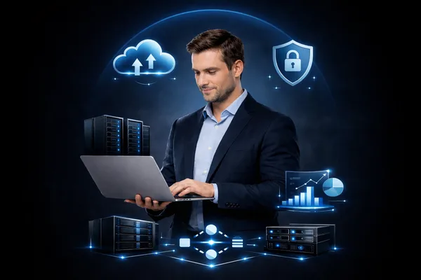 IT consulting services illustration with cloud security and infrastructure advisory