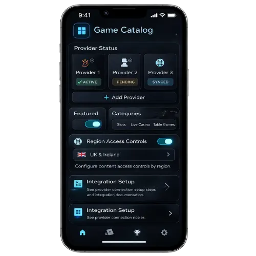 Realistic mobile UI screen showing game catalog management, provider integration status, featured content controls, and region-based visibility settings for online casino software.