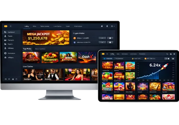 Desktop and tablet screens displaying an online casino software solution with game lobby, slot thumbnails, crash game panel, and crypto wallet dashboard on a plain background.