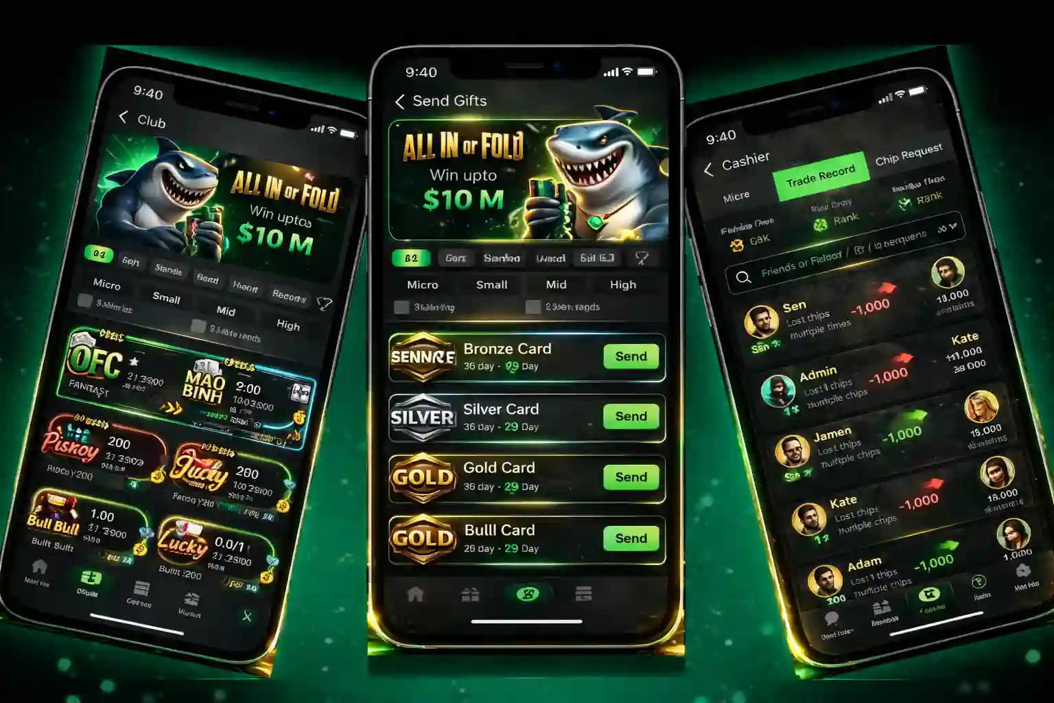 ClubSphere poker app UI showing club lobby, send gifts, and cashier transaction history.