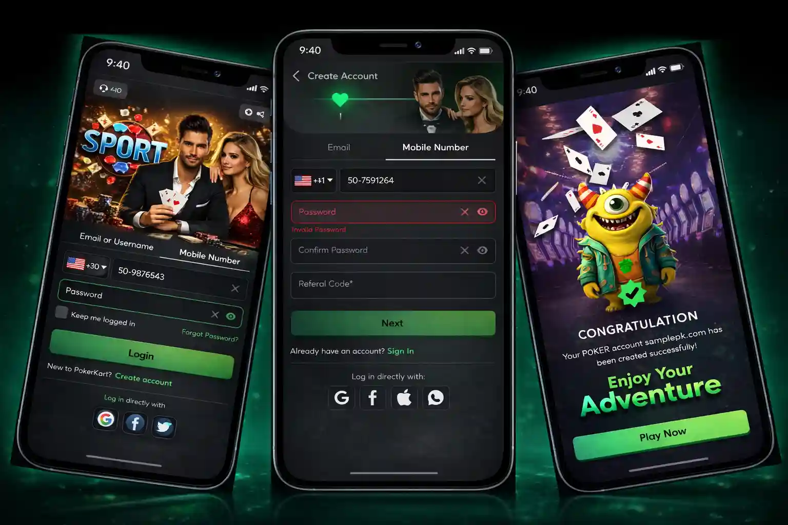 ClubSphere poker mobile app login and create account screens on iOS UI mockups.