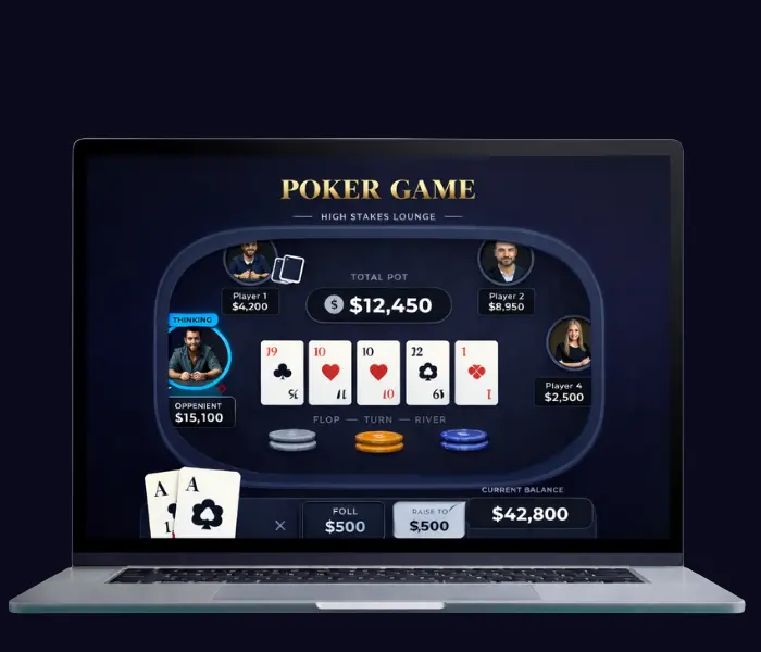 poker software interface on laptop showing online poker table and betting controls