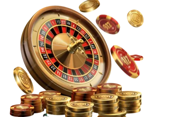 Roulette wheel with floating chips and stacked coins for casino game development section