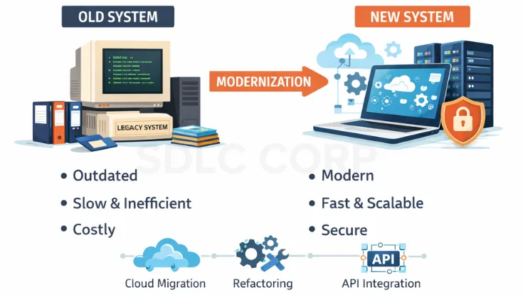 Legacy system upgraded to a modern, fast, scalable, and secure system through modernization.