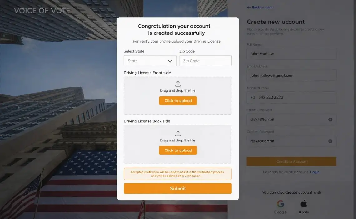 User account successfully created with document upload verification for civic engagement platform