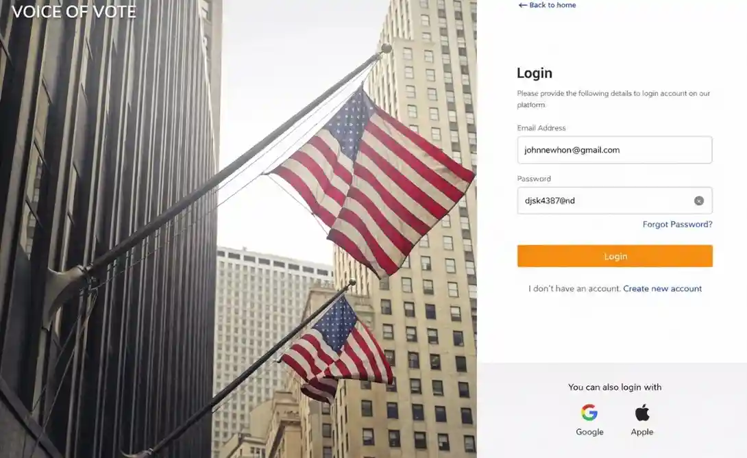 Civic platform login interface with email, password, and social sign-in options for user access