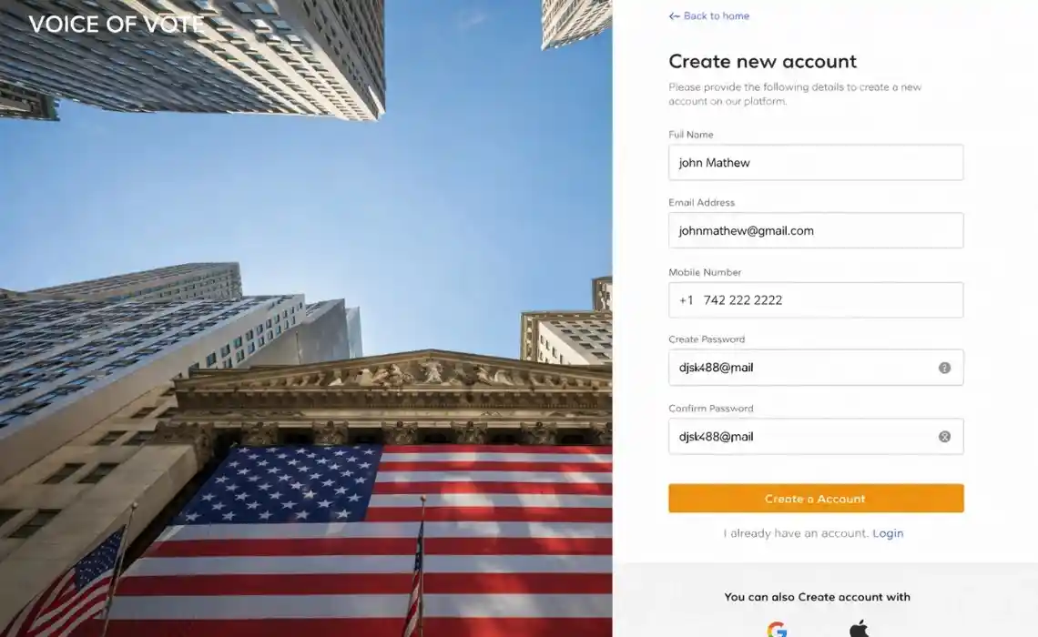 Sign up form for civic engagement platform with user details and account creation options