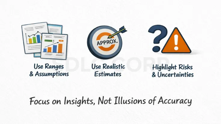 showing use of ranges, realistic estimates, and highlighting risks, emphasizing insights over false accuracy.