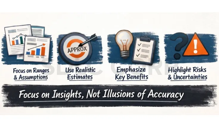 highlighting ranges and assumptions, realistic estimates, key benefits, and risks, focusing on insights over false accuracy.