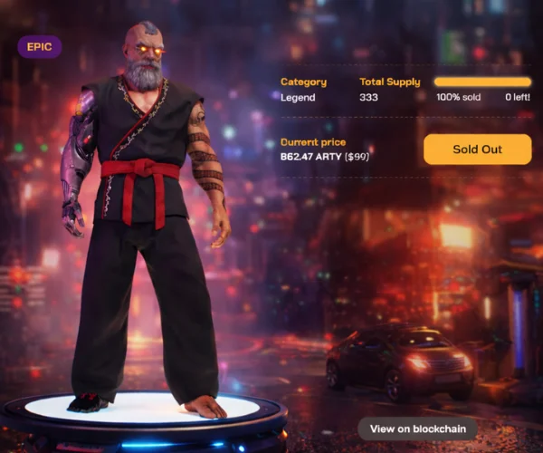 Epic NFT character with glowing eyes and robotic arm displayed on a platform, showing sold-out status, total supply, and price details in a futuristic city background.