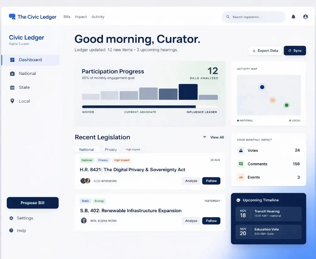 Opinars civic engagement platform interface showing bill discovery, legislative activity, participation progress, and navigation across national, state, and local contexts.