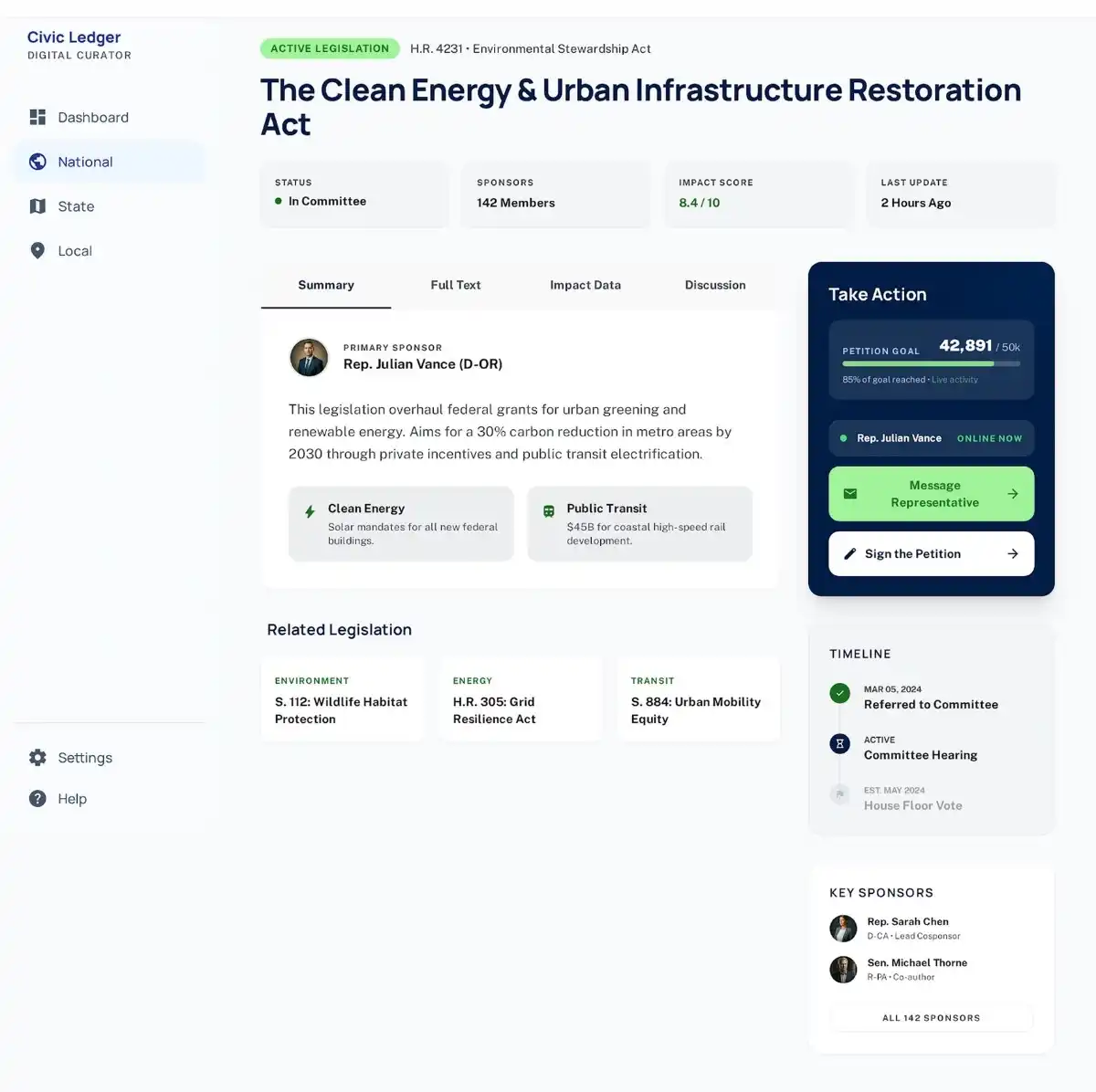 Opinars civic platform screen showing a bill detail page alongside key redesign improvements, including topic discovery, stronger bill-page hierarchy, connected participation flow, and clearer jurisdiction cues.