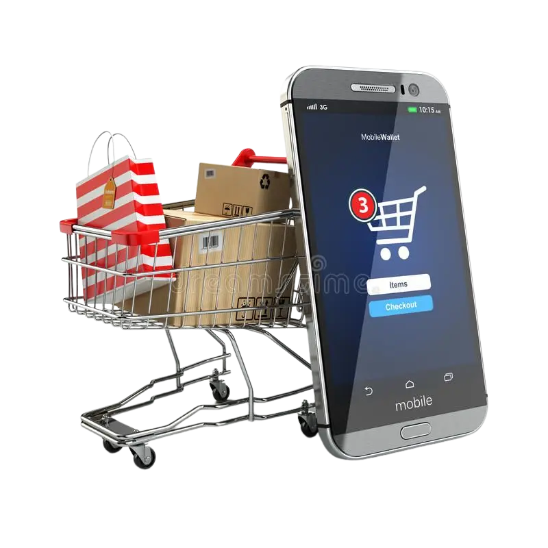 Mobile shopping app with cart and packages, representing a retail software development company solution for eCommerce and mobile retail.