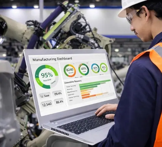 engineer using manufacturing execution systems dashboard to monitor production performance on factory floor