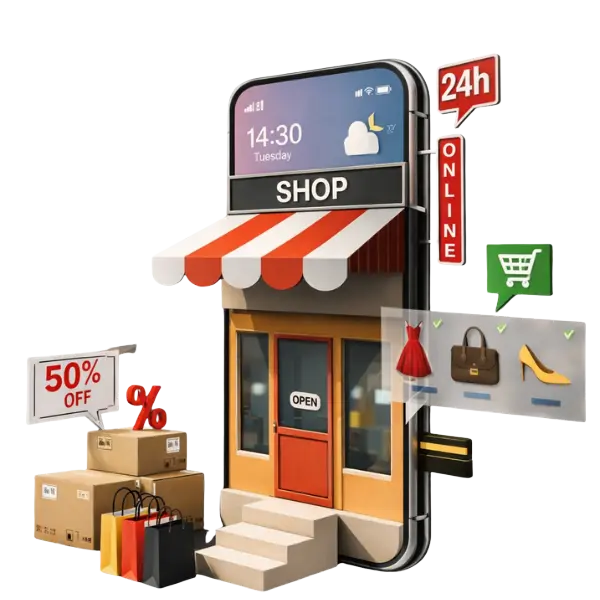 Retail software development company solution showing a mobile storefront, online shopping features, product listings, and retail delivery boxes.