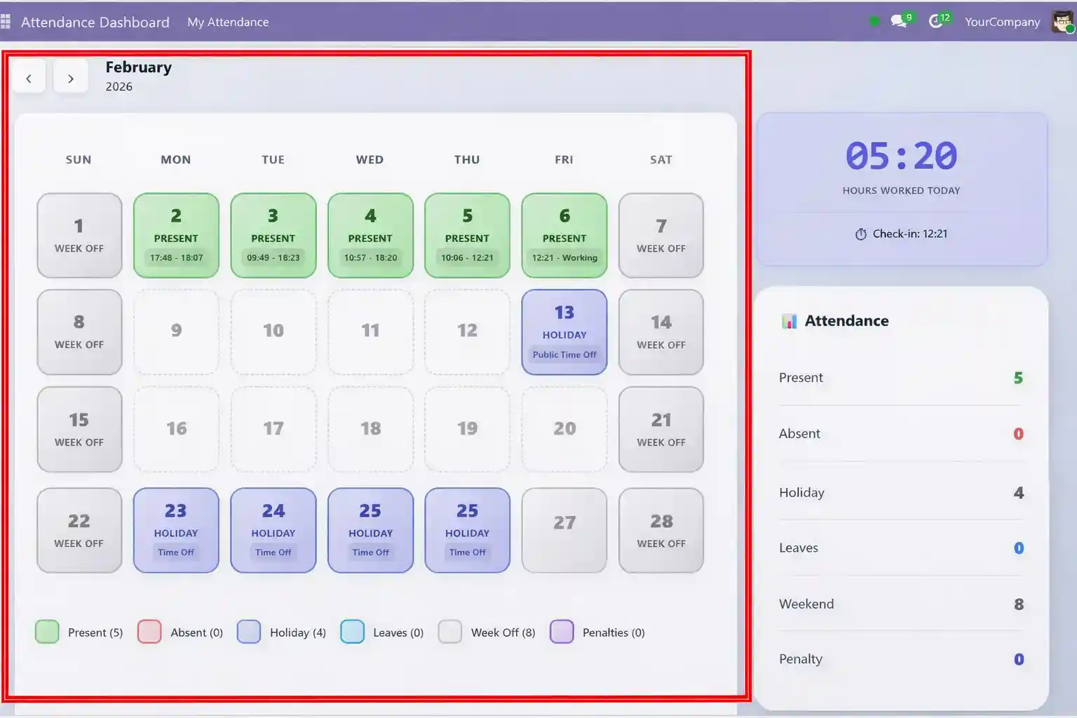 HRMS dashboard monthly attendance calendar in Odoo