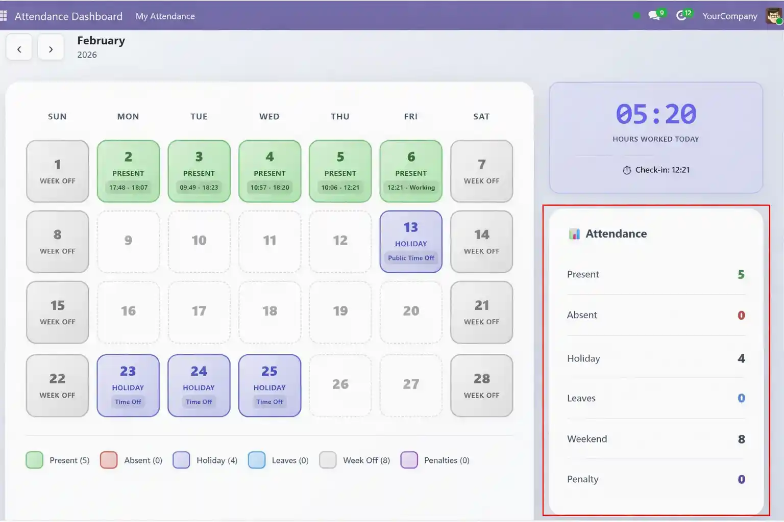Attendance summary widget with monthly status counts