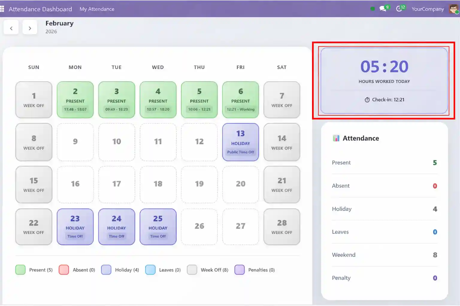 Employee attendance dashboard showing hours worked today