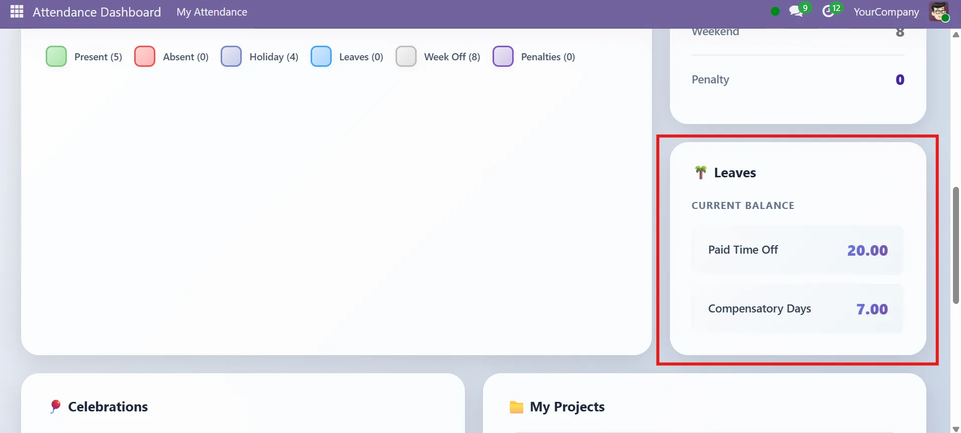 Leave balance widget for paid time off and comp days