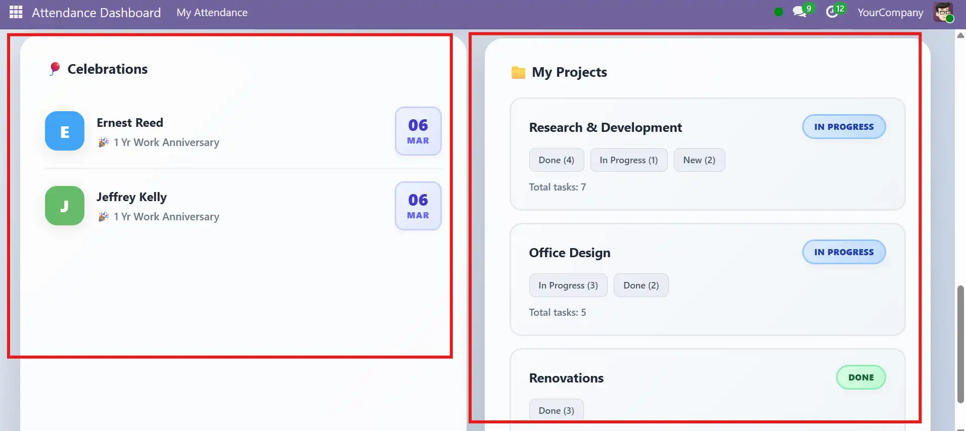 Work anniversaries and project updates in HRMS dashboard