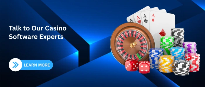 Online casino software experts CTA banner with roulette wheel, casino chips, and playing cards