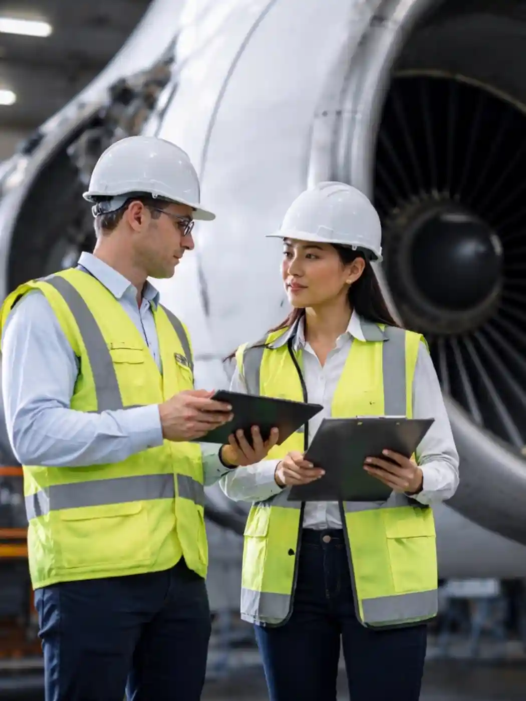 Aerospace staffing process with engineers inspecting aircraft engine