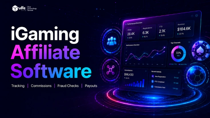 iGaming affiliate software dashboard showing tracking, commissions, fraud checks, and payouts