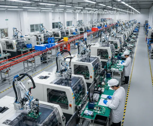electronics manufacturing production line with automated assembly machines