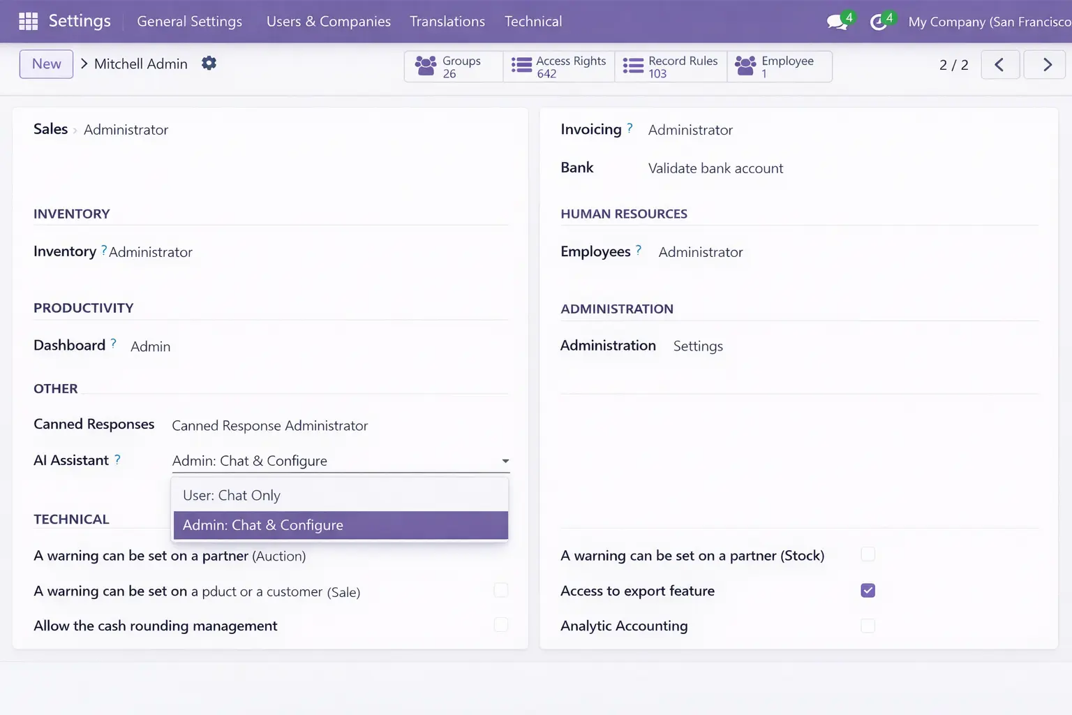 Odoo AI Assistant RBAC — No Access, User and Admin permission levels
