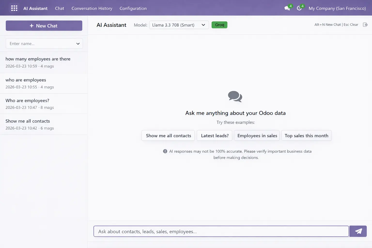 Odoo AI Assistant chat window showing live CRM query results