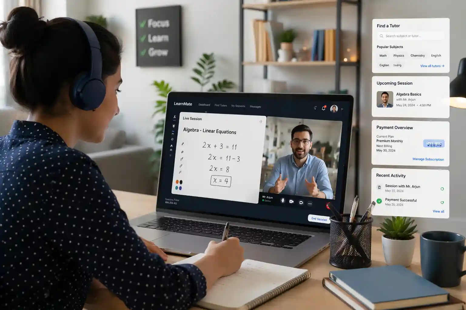 Online tutoring session — tutor and student in a live video class
