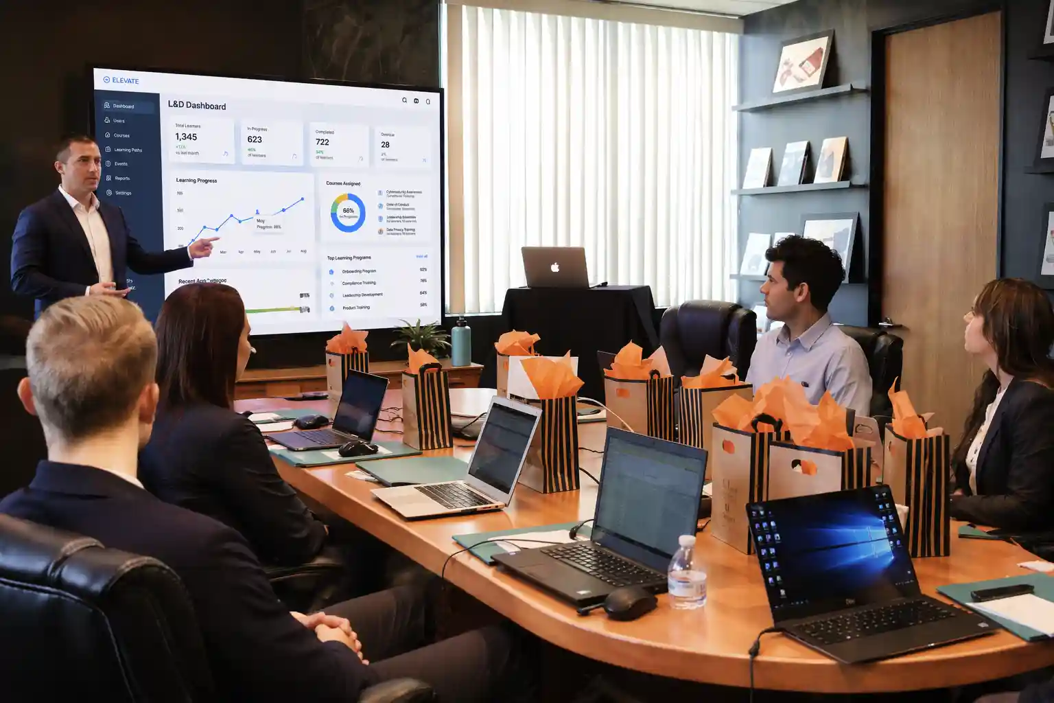 Corporate team completing compliance training on laptops in an office