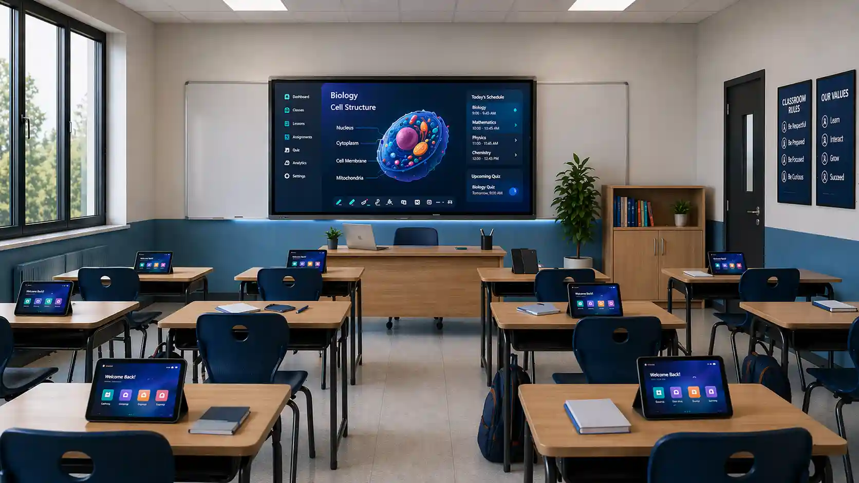 K-12 students using tablets in a classroom for digital learning