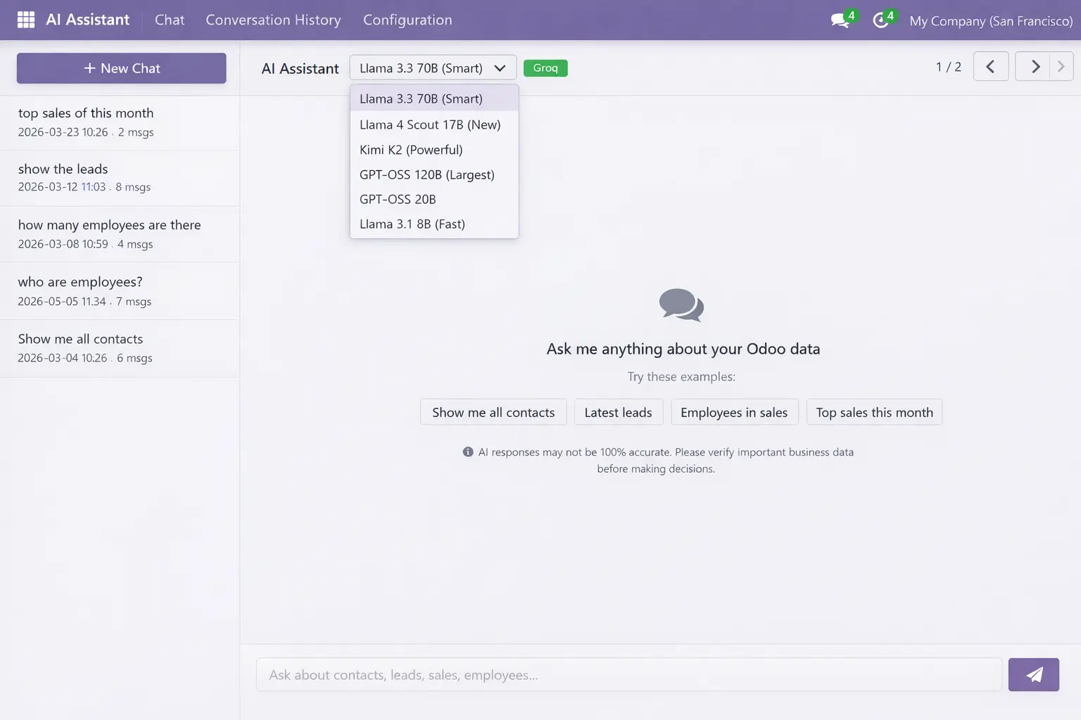 Odoo AI assistant model selection screen