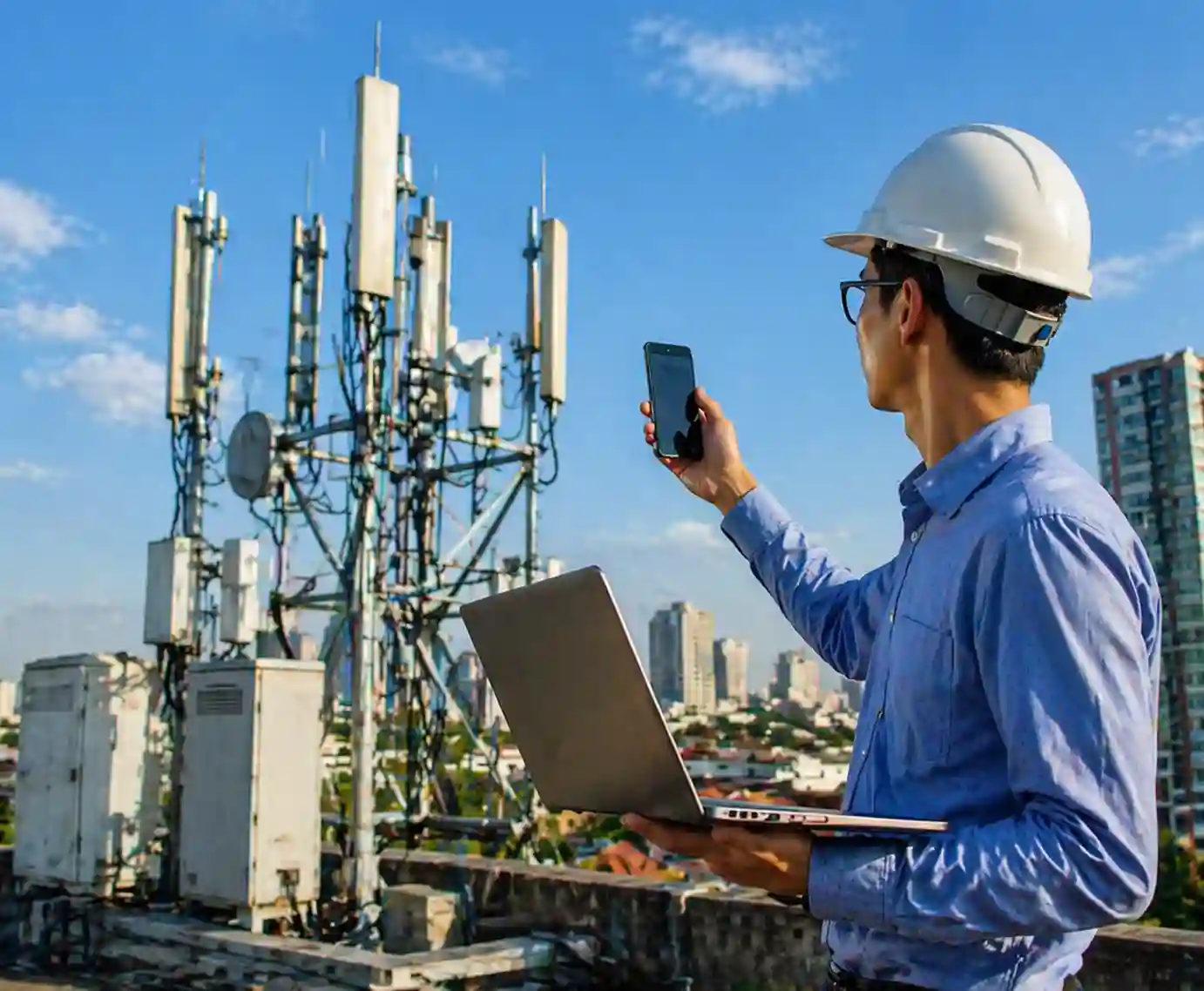 Engineer inspecting telecom tower for telecom software development services